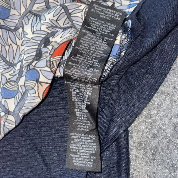 Tory Burch Silk Front Linen Top Bird Print Short Sleeve Blue Graphic Blouse L - Picture 6 of 8